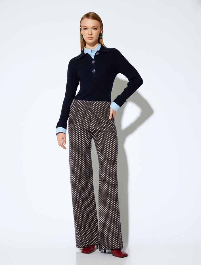  Koton X Melis Ağazat - Rahat Kalıp Desenli Bol Paça Triko Pantolon