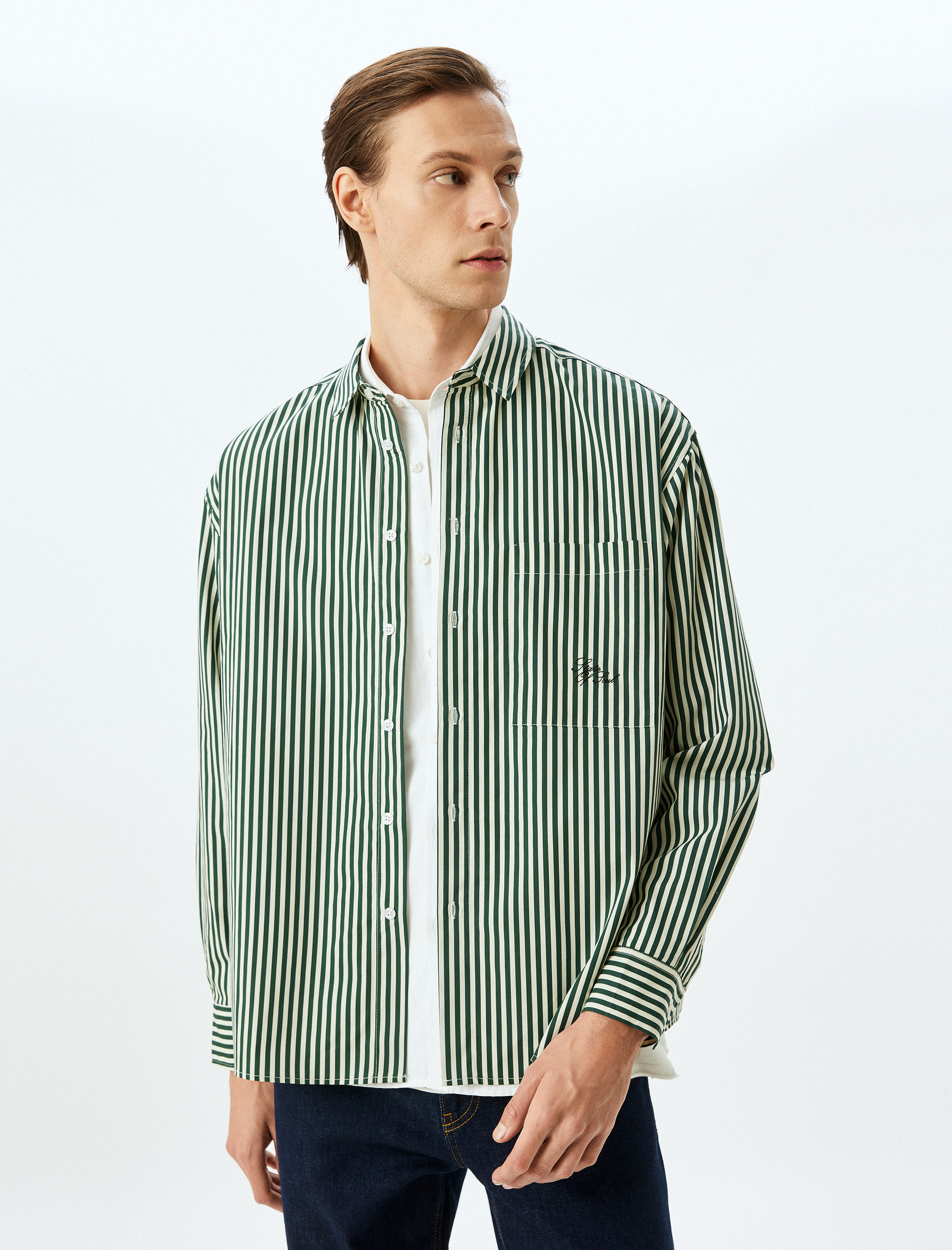   Uzun Kollu Cep Detaylı Regular Fit Pamuklu Nakışlı Poplin Çizgili Gömlek