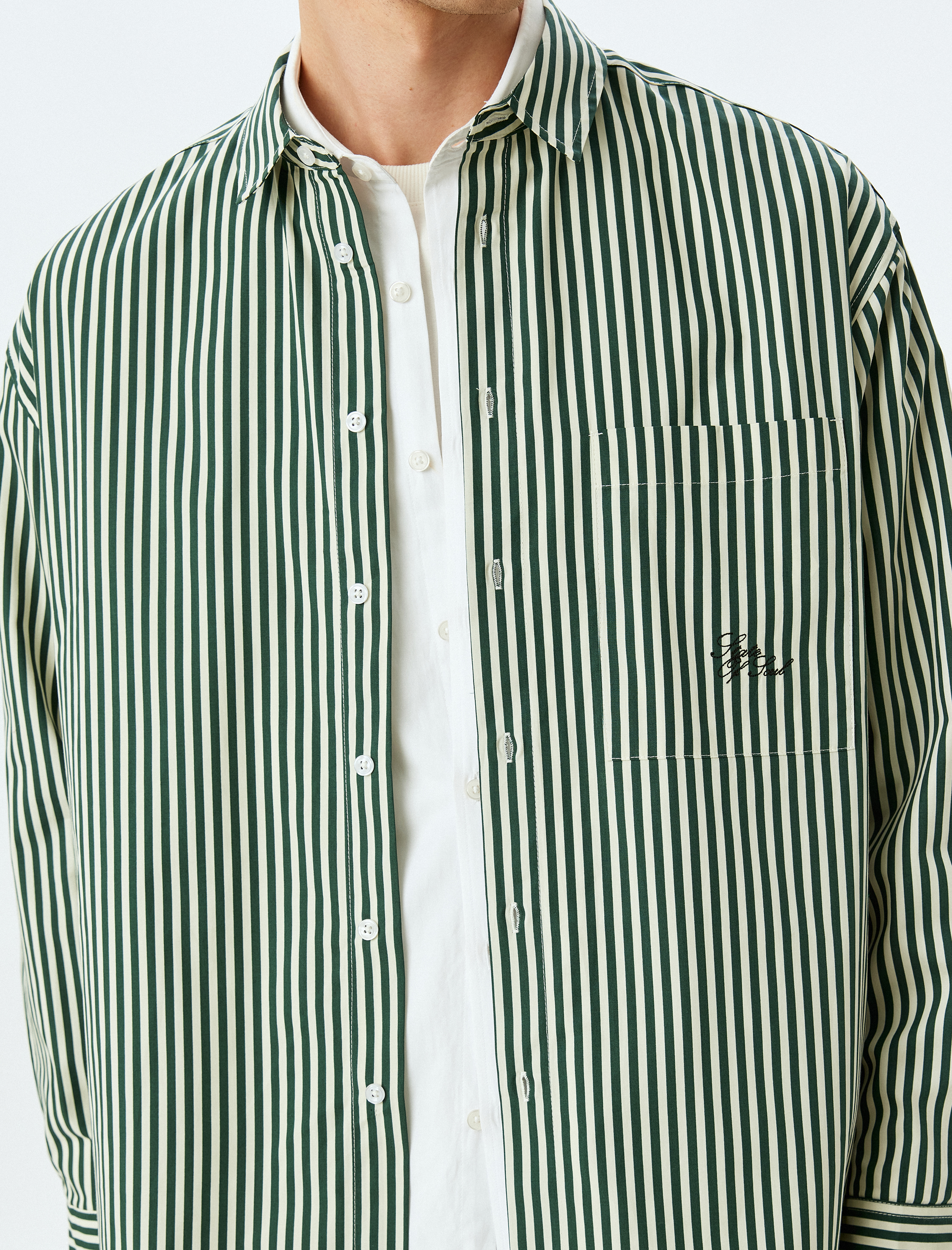   Uzun Kollu Cep Detaylı Regular Fit Pamuklu Nakışlı Poplin Çizgili Gömlek