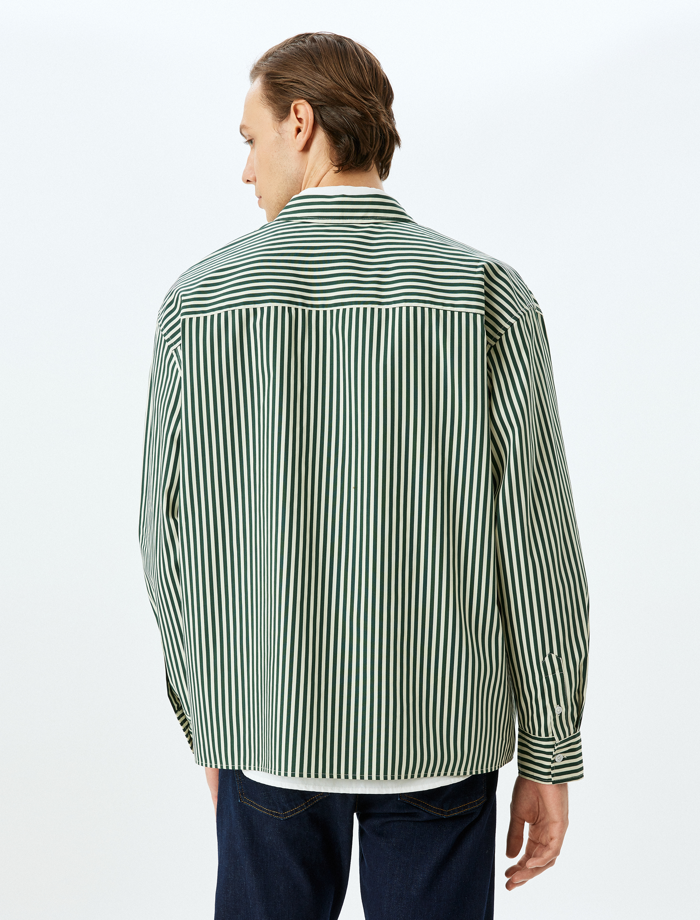   Uzun Kollu Cep Detaylı Regular Fit Pamuklu Nakışlı Poplin Çizgili Gömlek