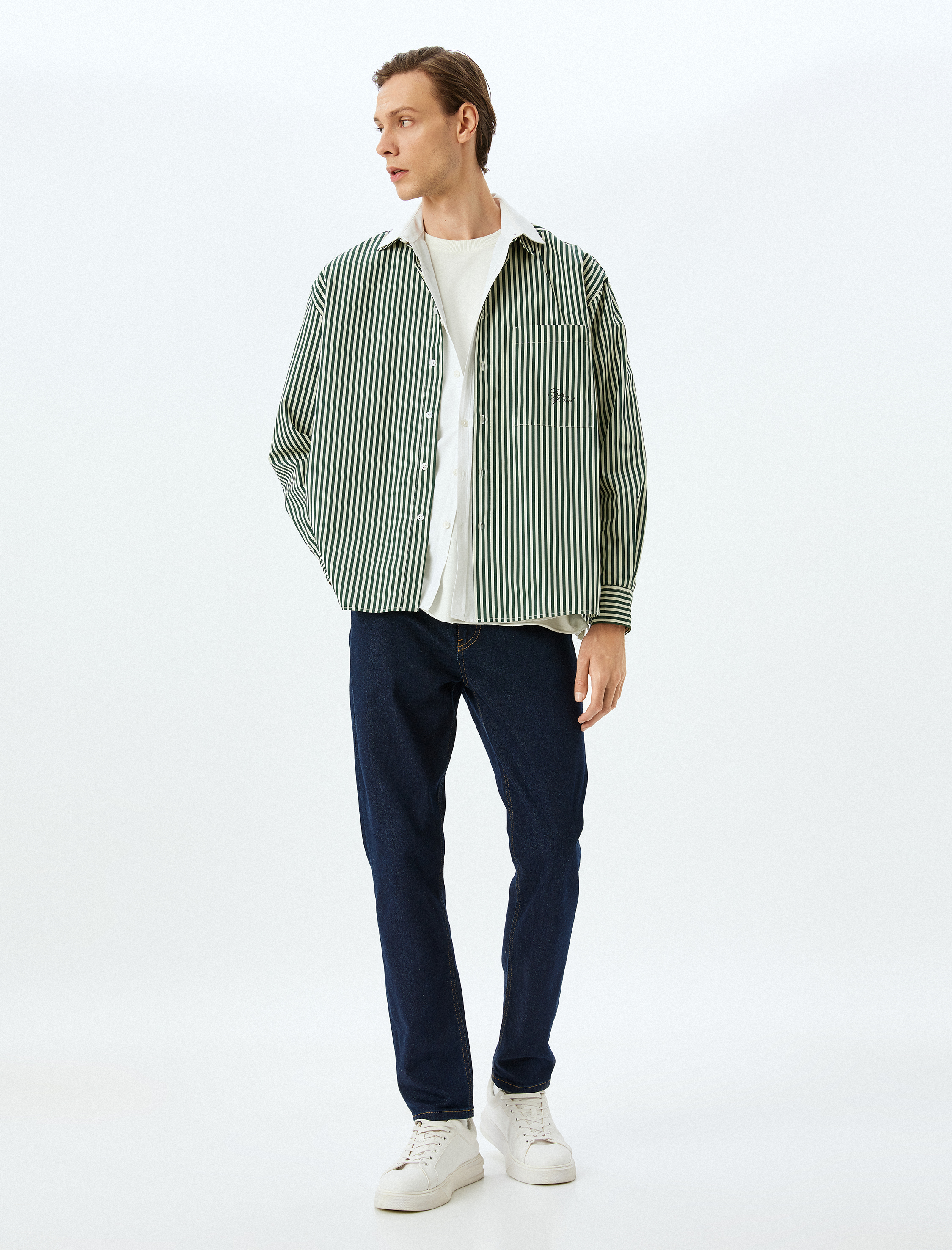   Uzun Kollu Cep Detaylı Regular Fit Pamuklu Nakışlı Poplin Çizgili Gömlek