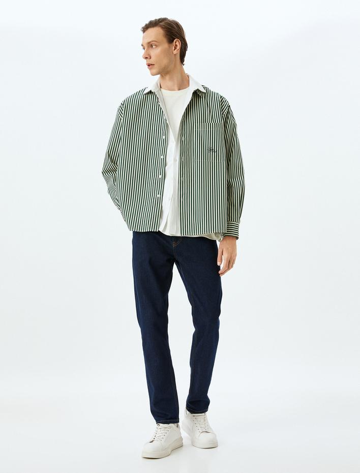  Uzun Kollu Cep Detaylı Regular Fit Pamuklu Nakışlı Poplin Çizgili Gömlek