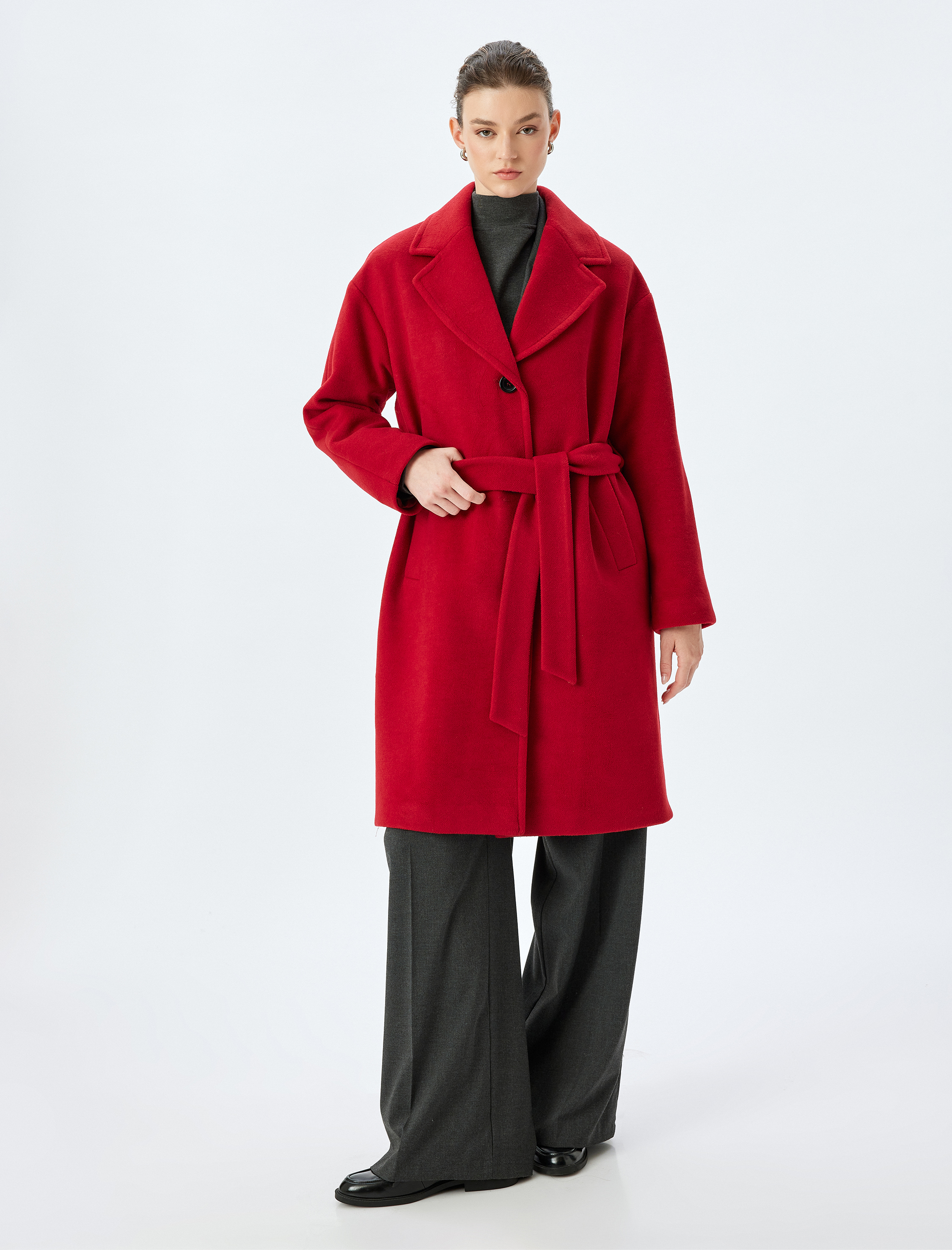   Kemerli Düğmeli Kruvaze Uzun Kaşe Kaban