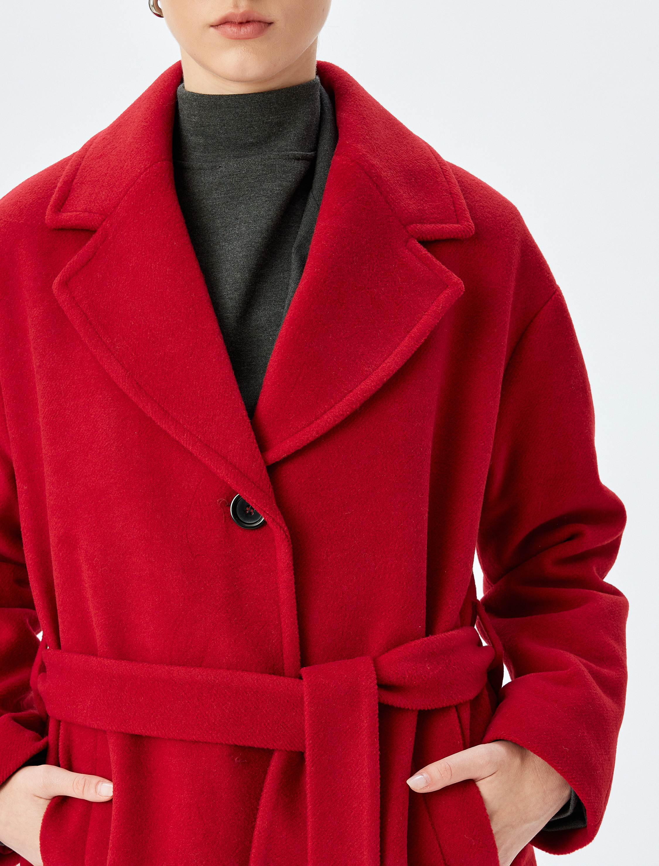   Kemerli Düğmeli Kruvaze Uzun Kaşe Kaban