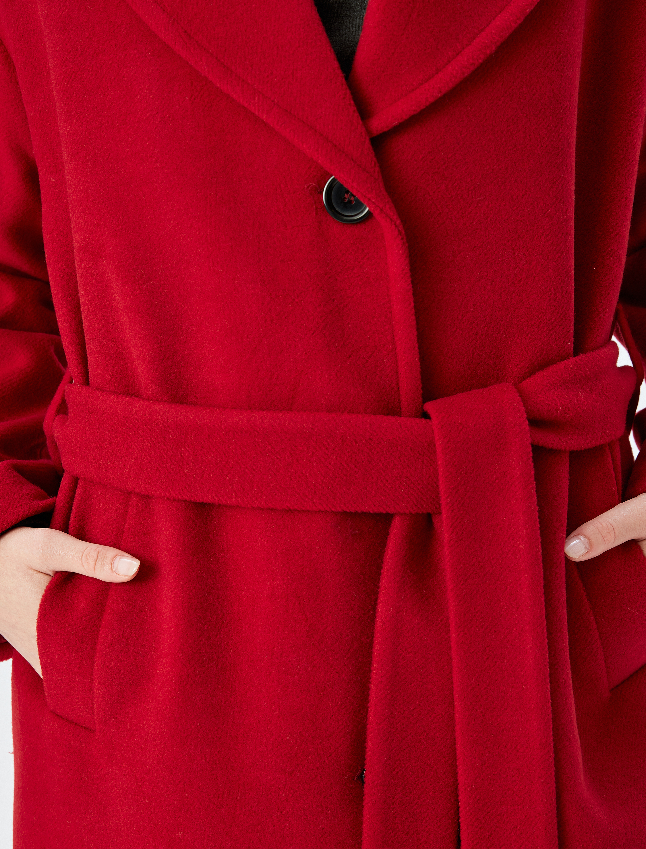   Kemerli Düğmeli Kruvaze Uzun Kaşe Kaban