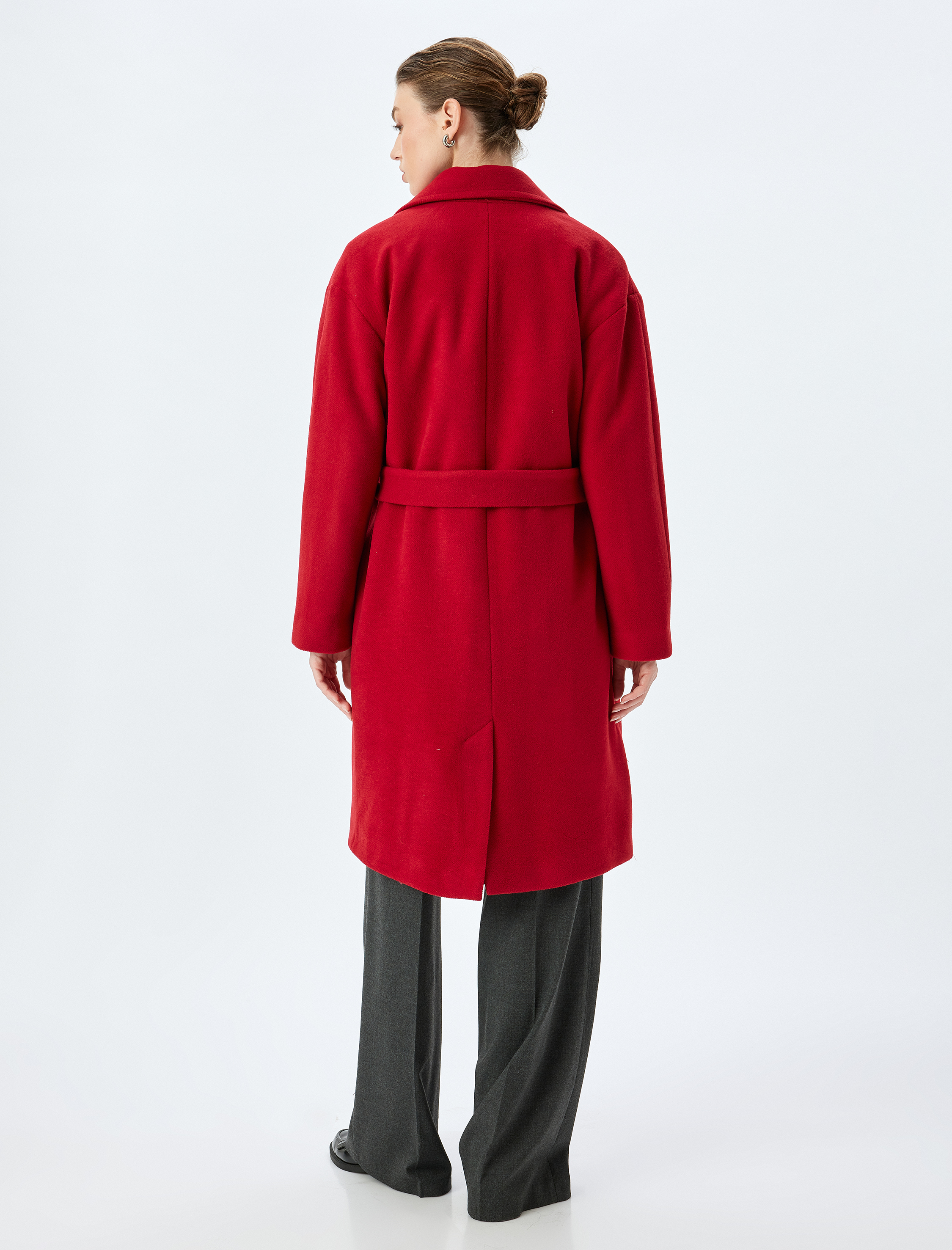   Kemerli Düğmeli Kruvaze Uzun Kaşe Kaban