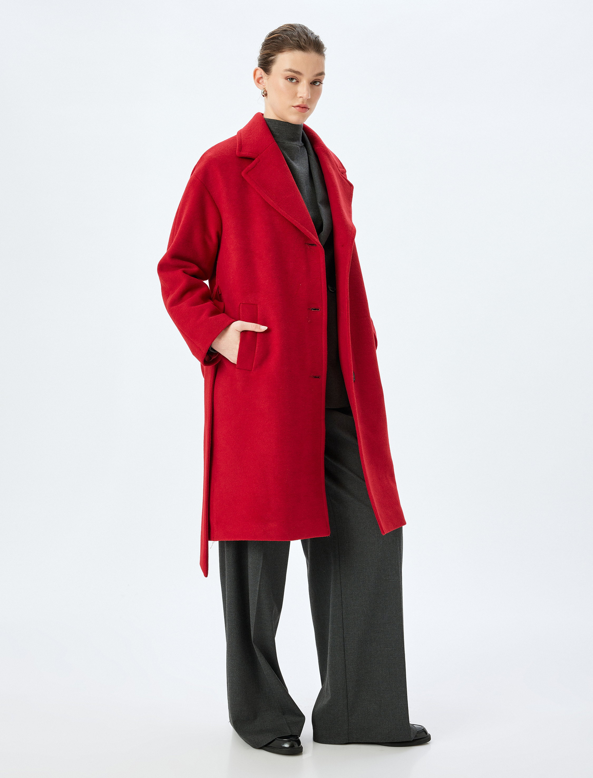   Kemerli Düğmeli Kruvaze Uzun Kaşe Kaban