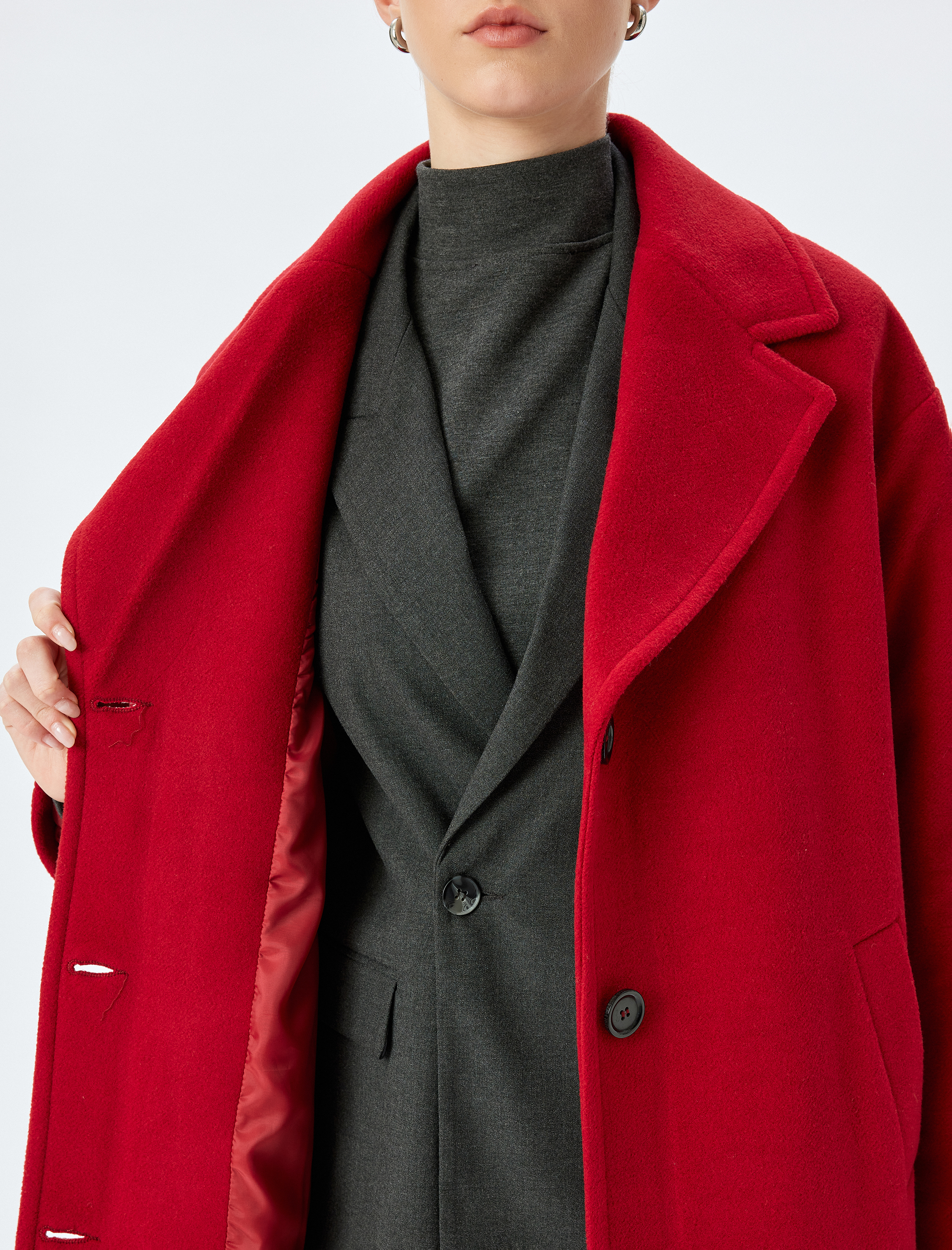   Kemerli Düğmeli Kruvaze Uzun Kaşe Kaban