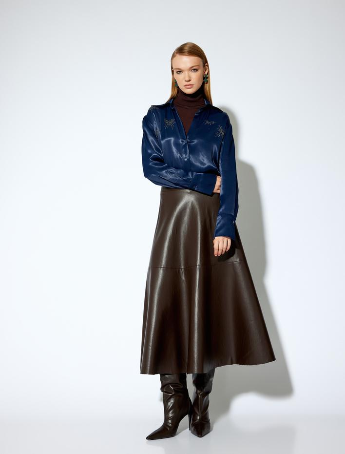  Koton X Melis Ağazat - Uzun Kollu Taş Detaylı Saten Gömlek