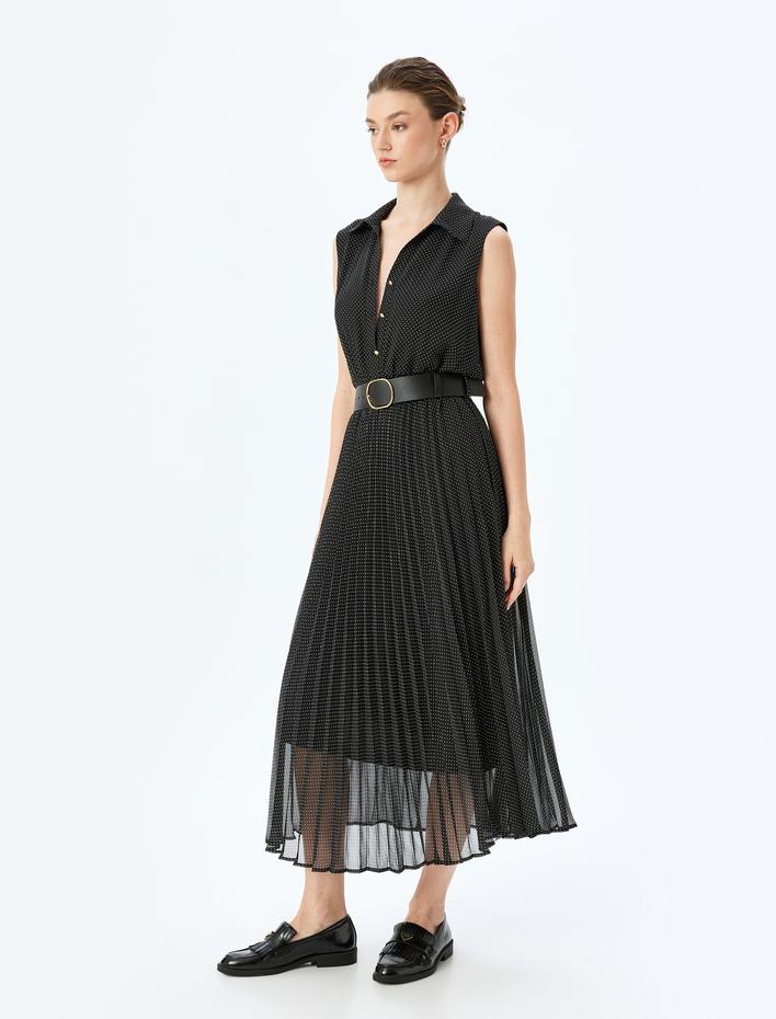  Gömlek Yaka Astarlı Kolsuz Uzun Pileli Puantiyeli Şifon Elbise