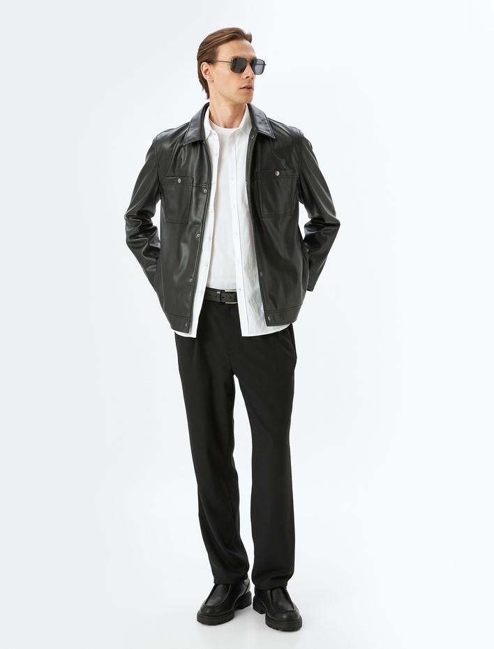  Cep Detaylı Çıtçıt Düğmeli Suni Deri Ceket