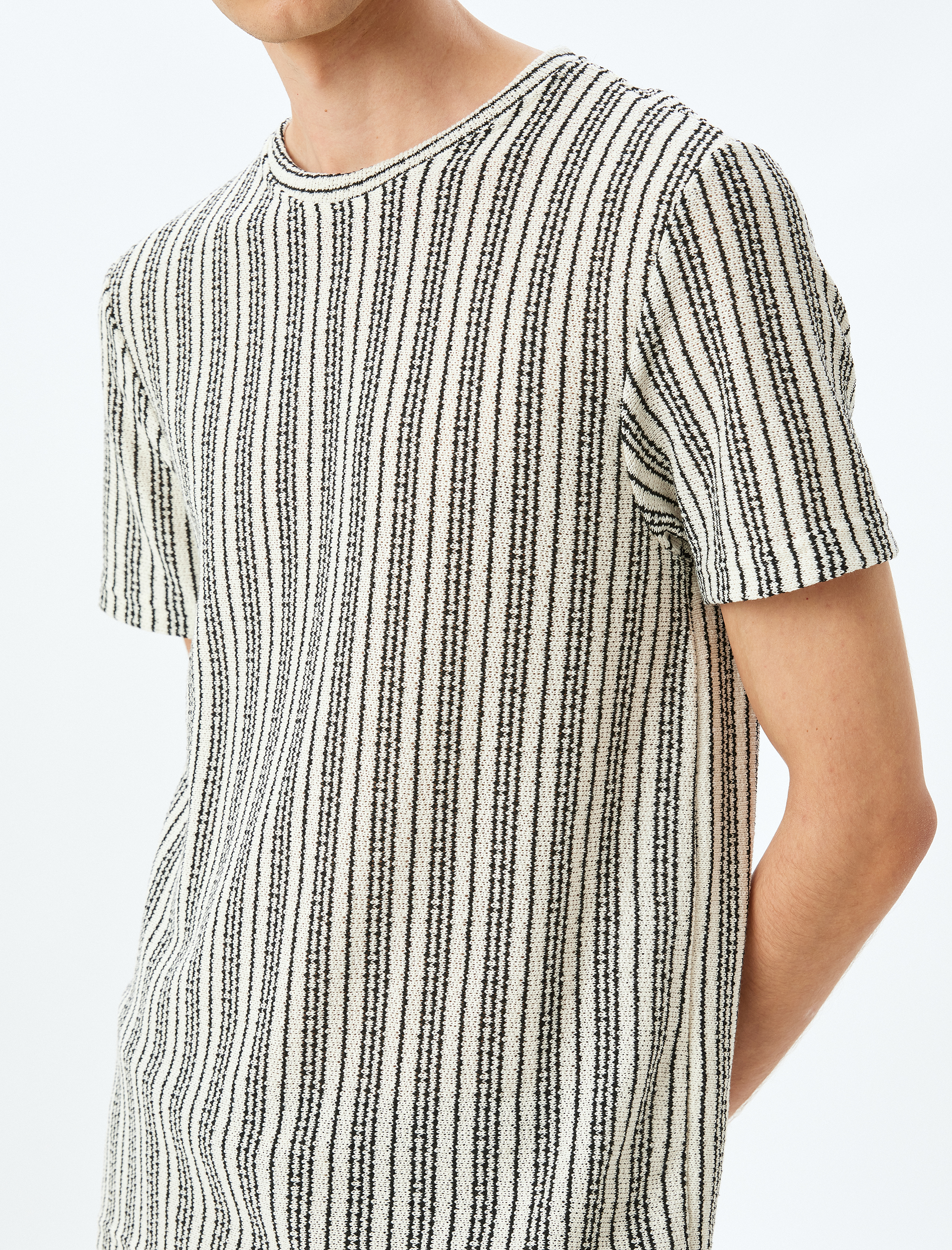   Kısa Kollu Regular Fit Pamuk Karışımlı Bisiklet Yaka Çizgili Tişört