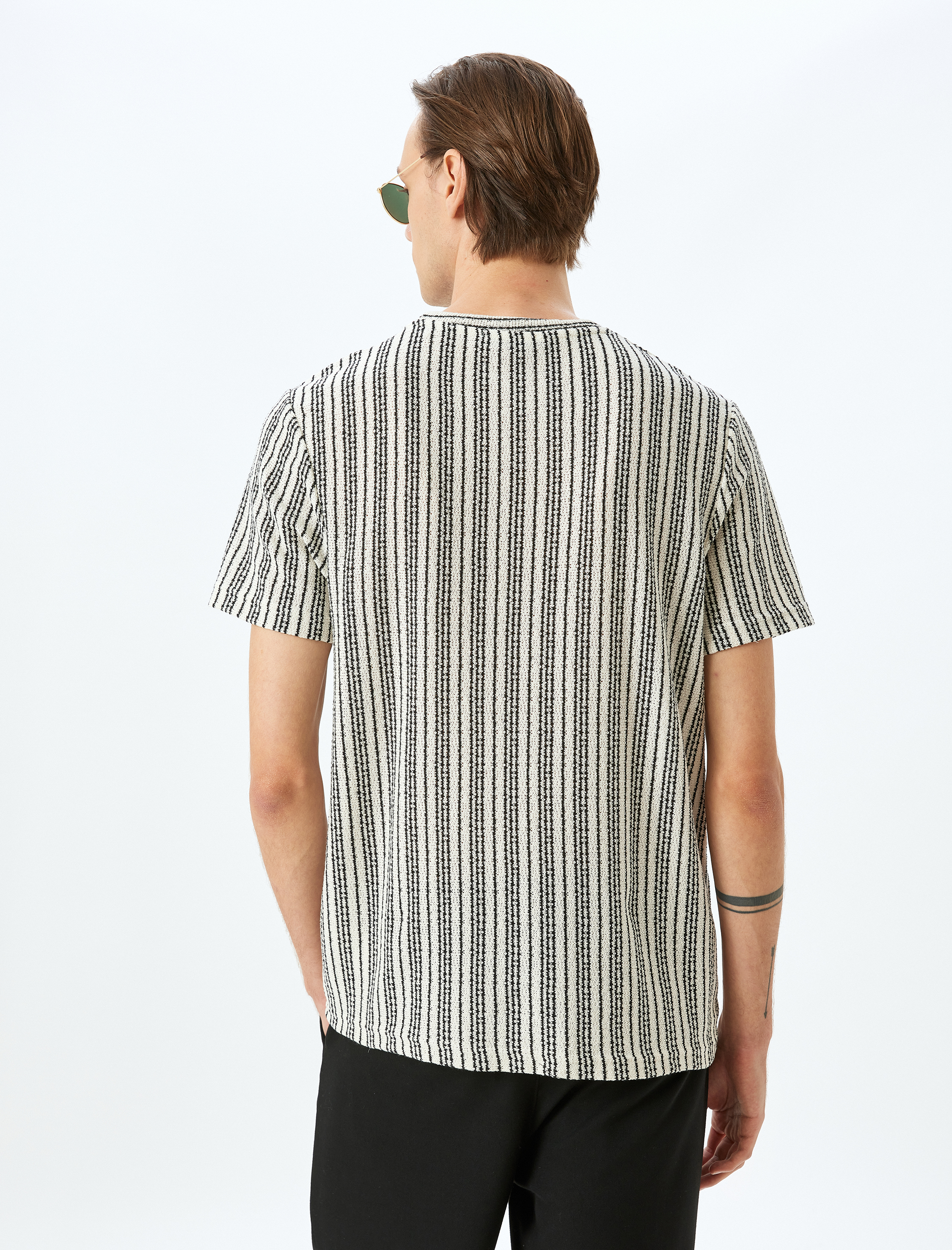   Kısa Kollu Regular Fit Pamuk Karışımlı Bisiklet Yaka Çizgili Tişört