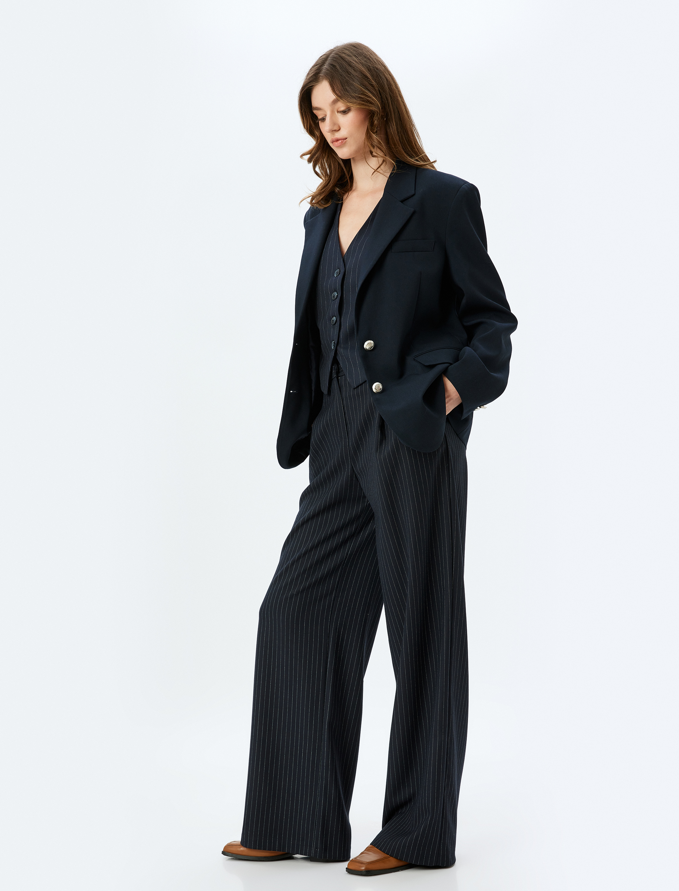 Pile Detaylı Cepli Yüksek Bel Kumaş Palazzo Pantolon