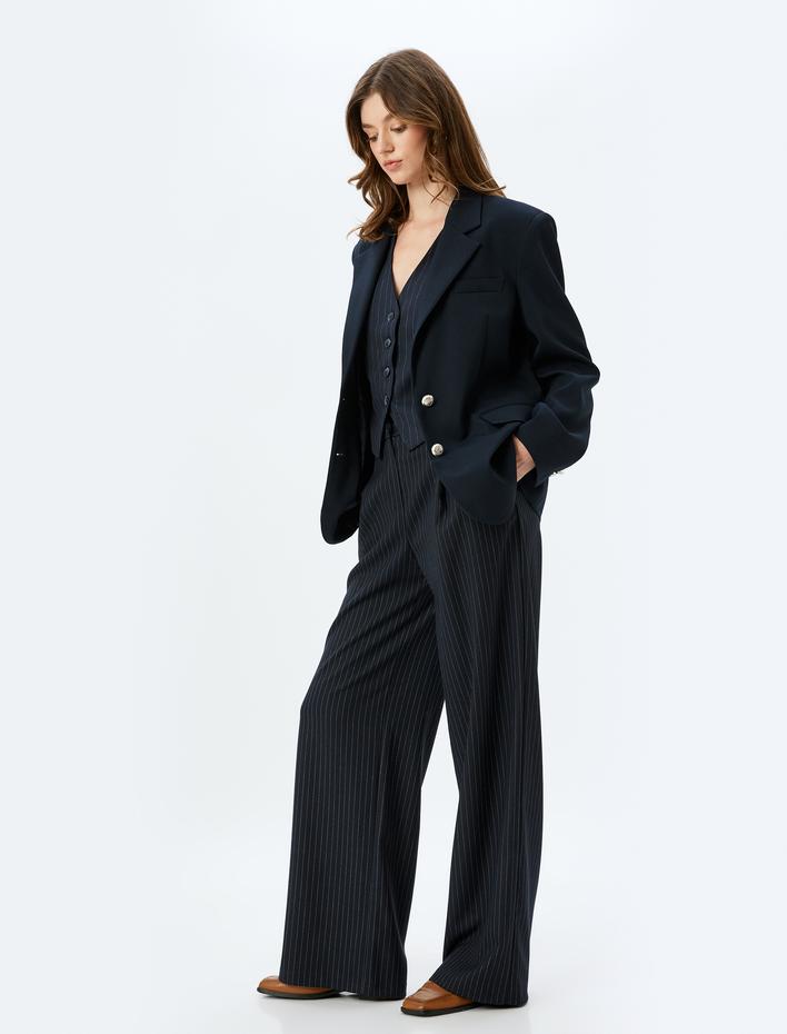  Pile Detaylı Cepli Yüksek Bel Kumaş Palazzo Pantolon