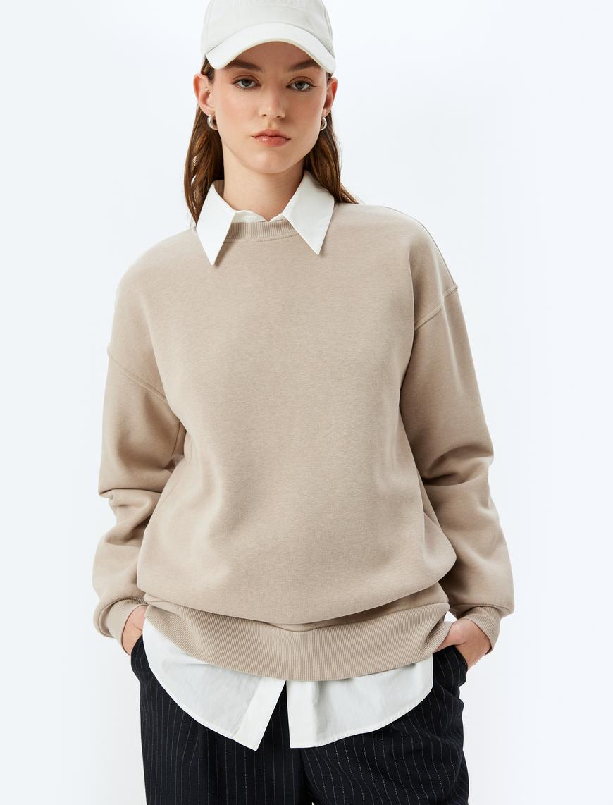   Üç İplik Şardonlu Uzun Kollu Bisiklet Yaka Basic Sweatshirt