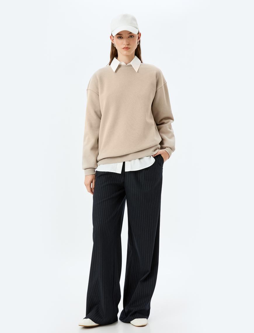   Üç İplik Şardonlu Uzun Kollu Bisiklet Yaka Basic Sweatshirt