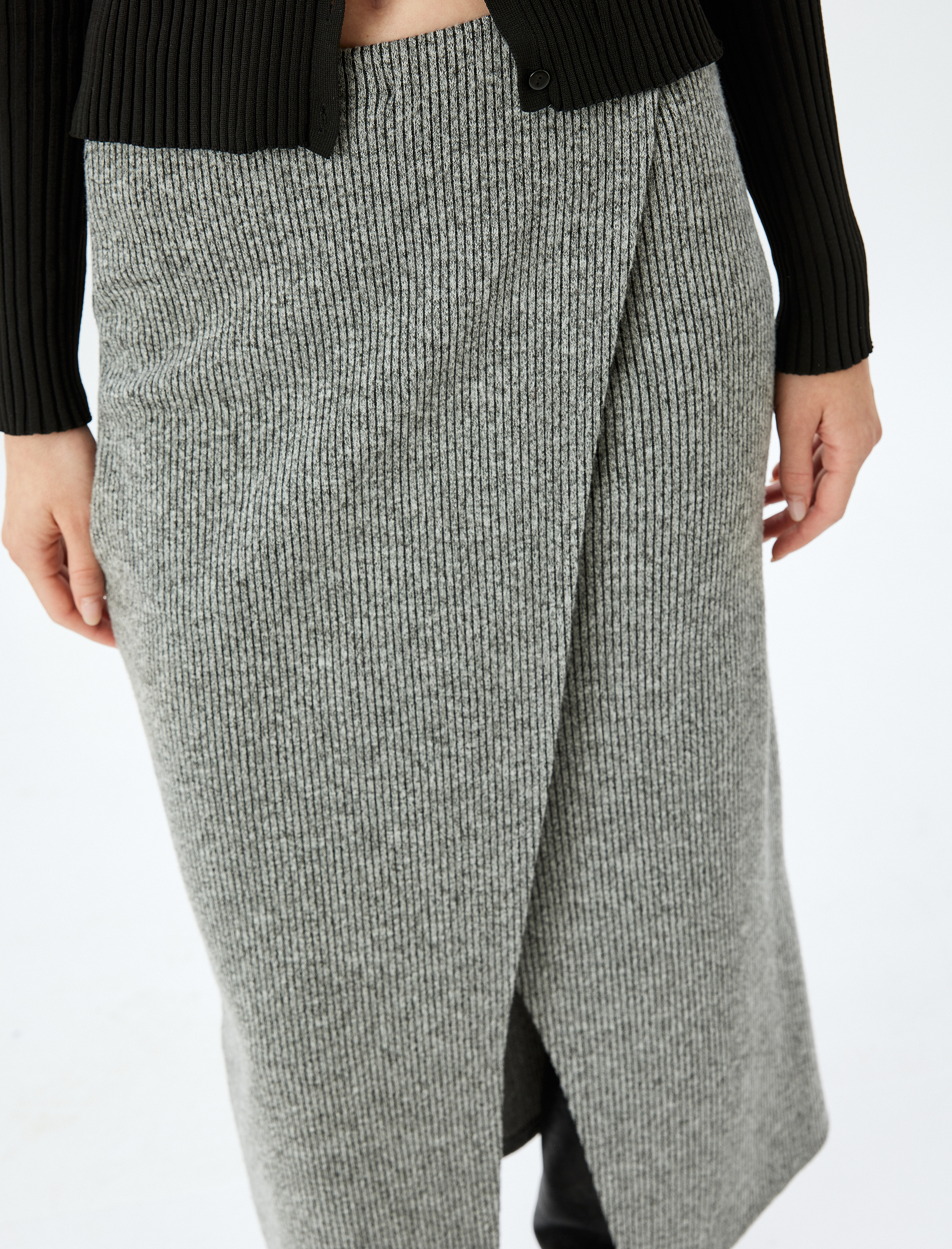 Fitilli Yırtmaçlı Midi Boy Asimetrik Kruvaze Etek