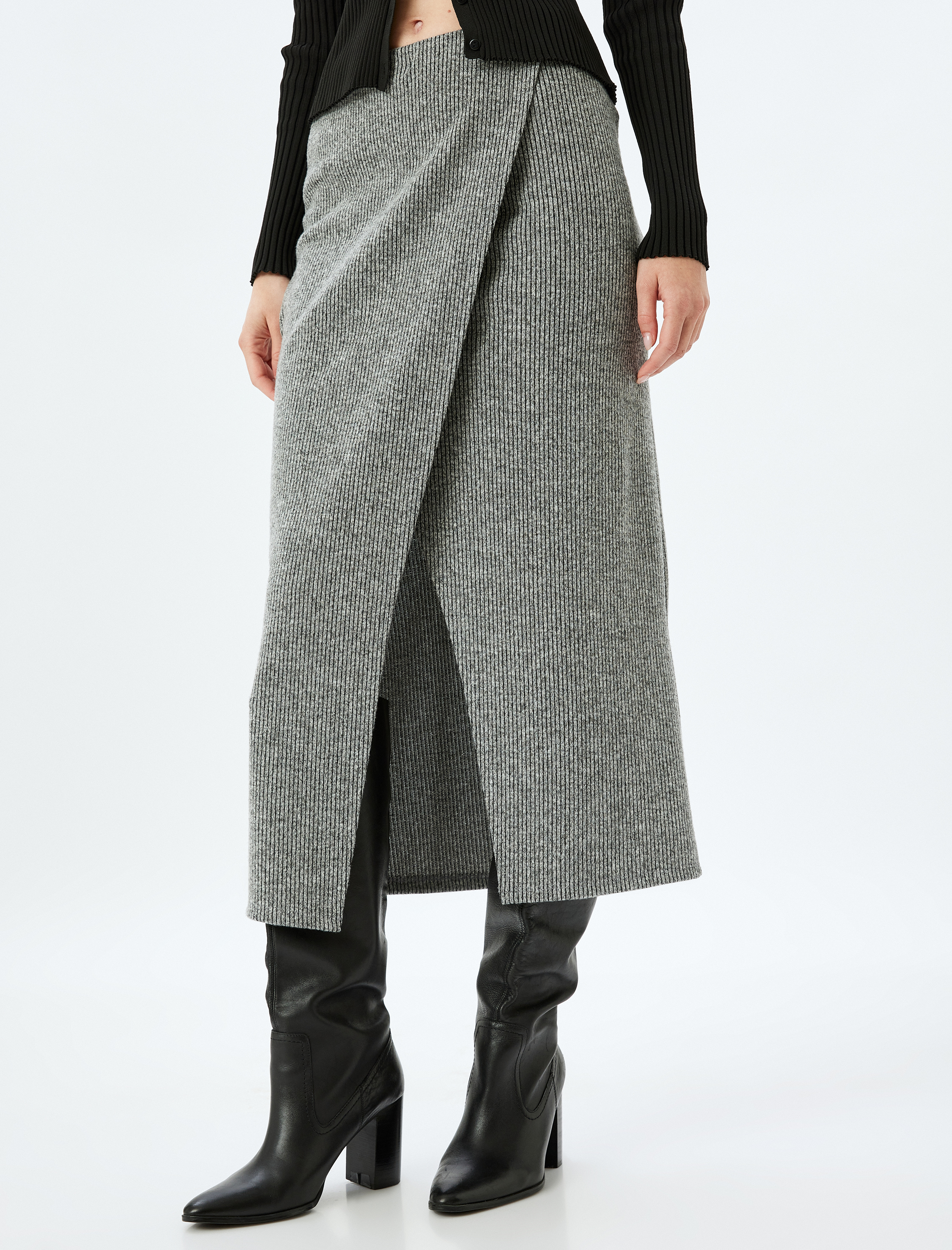 Fitilli Yırtmaçlı Midi Boy Asimetrik Kruvaze Etek