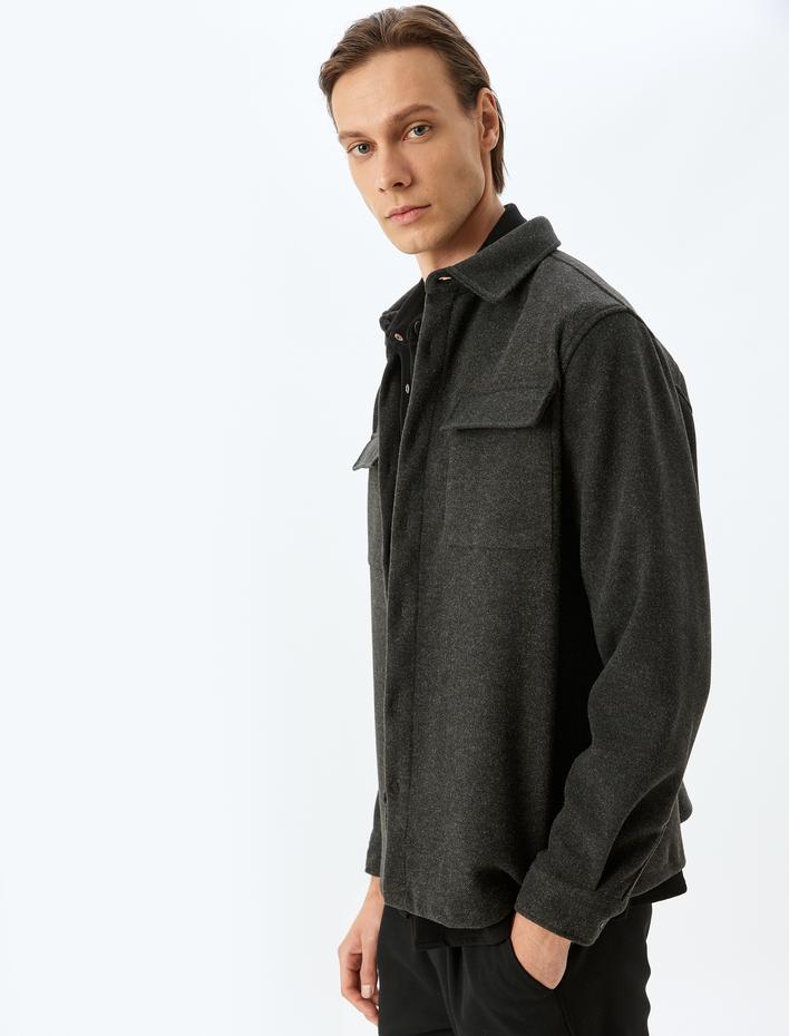  Uzun Kollu Viskon Karışımlı Kapaklı Cep Detaylı Gömlek Ceket