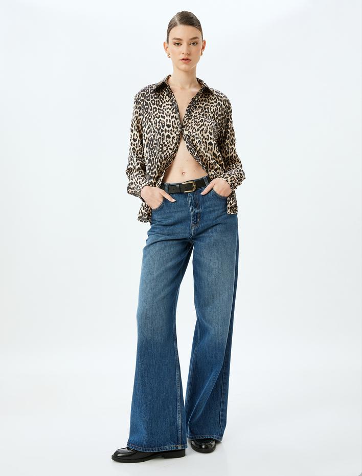  Klasik Yaka Uzun Kollu Leopar Desenli Saten Gömlek