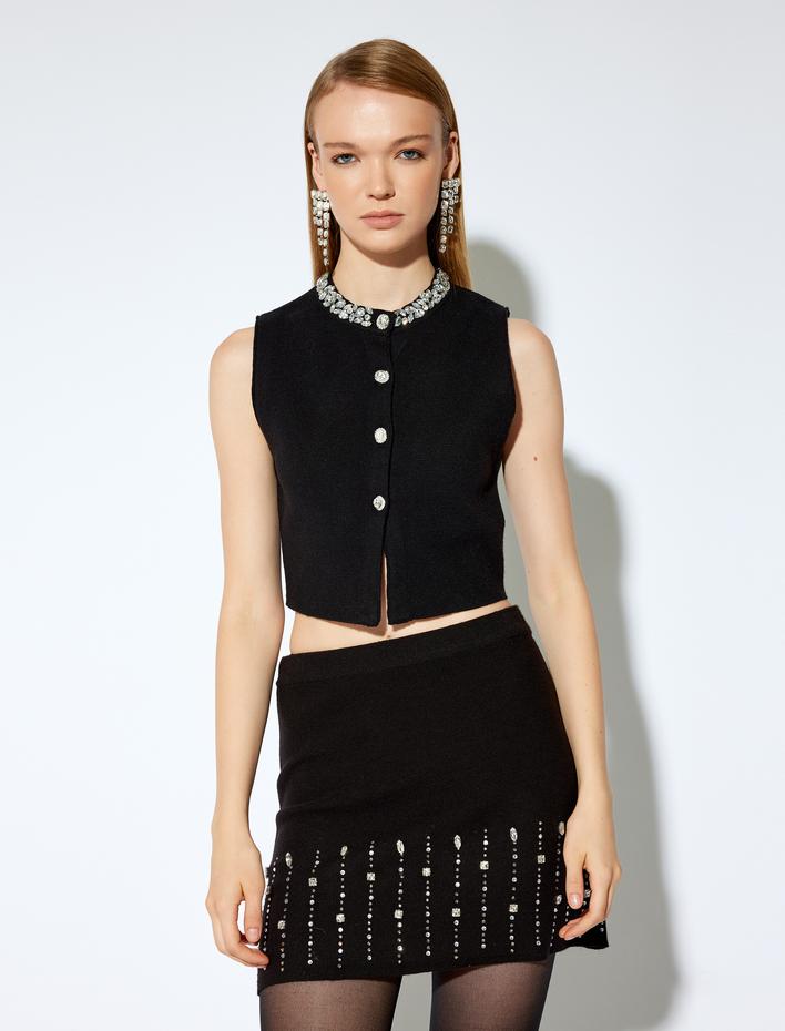  Koton X Melis Ağazat - Standart Bel Mini Taşlı Triko Etek