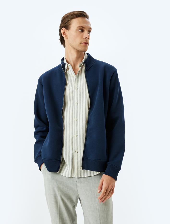  Şardonlu Pamuk Karışımlı Cep Detaylı Fermuarlı Dik Yaka Hırka