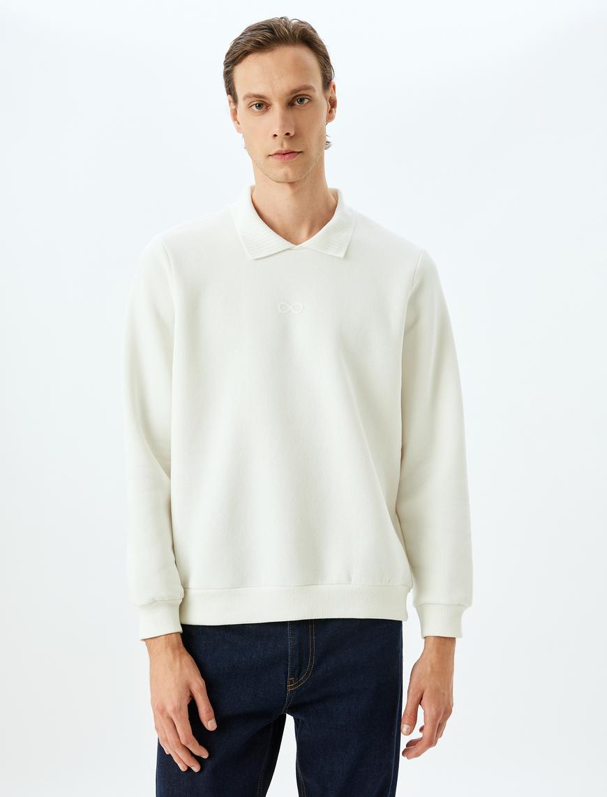   Polo Yaka Şardonlu Pamuk Karışımlı Basic Baskılı Sweatshirt