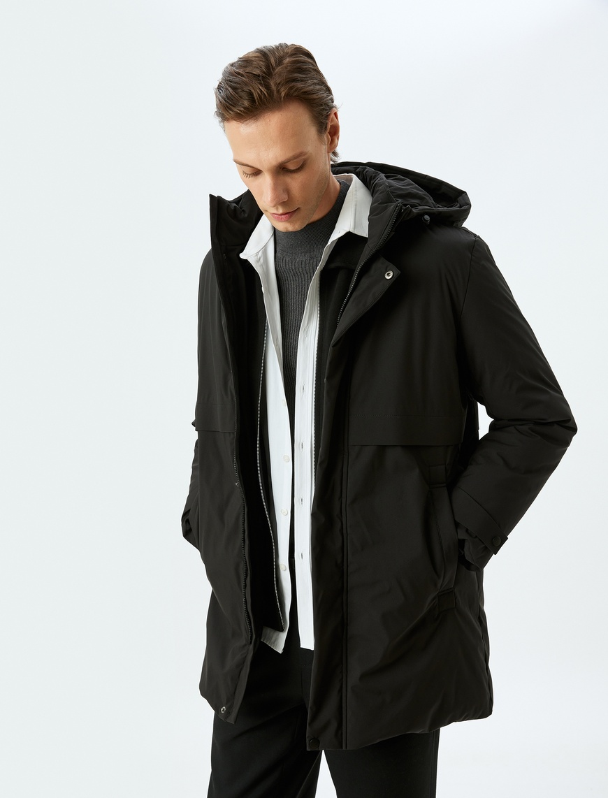   Anorak Mont Kapşonlu Arkası Baskılı Cep Detaylı Slim Fit Fermuarlı