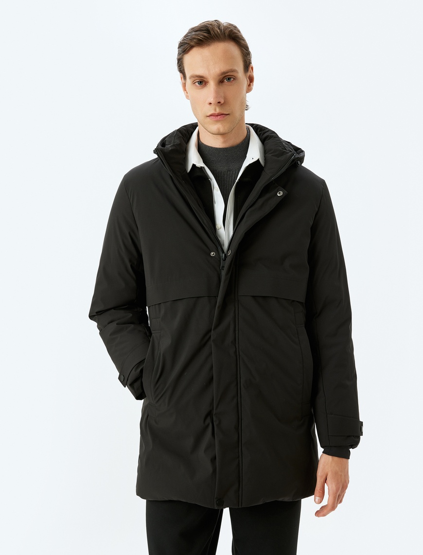   Anorak Mont Kapşonlu Arkası Baskılı Cep Detaylı Slim Fit Fermuarlı