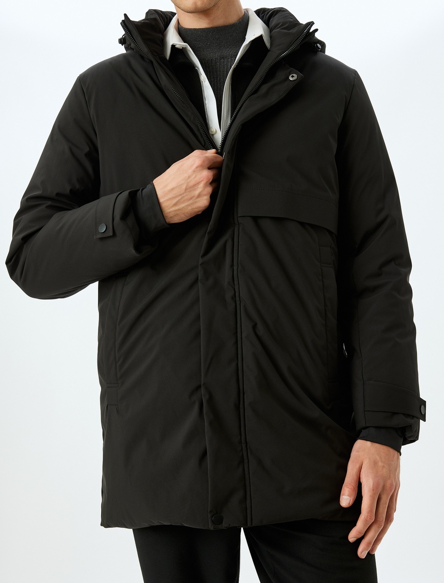   Anorak Mont Kapşonlu Arkası Baskılı Cep Detaylı Slim Fit Fermuarlı