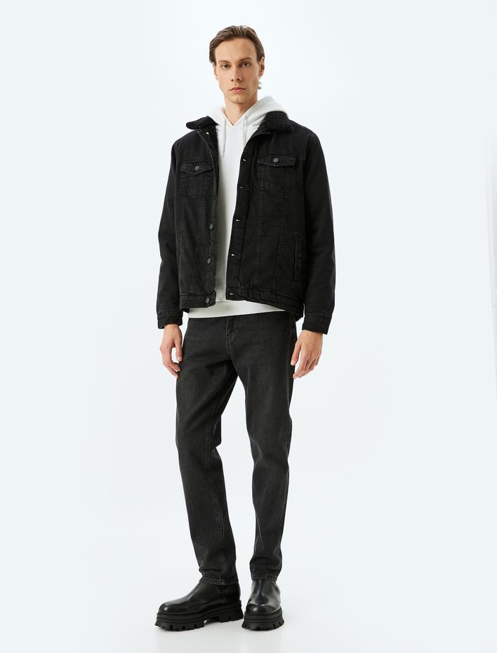  Pamuklu Kapaklı Cepli Peluş Yaka Detaylı Kot Ceket