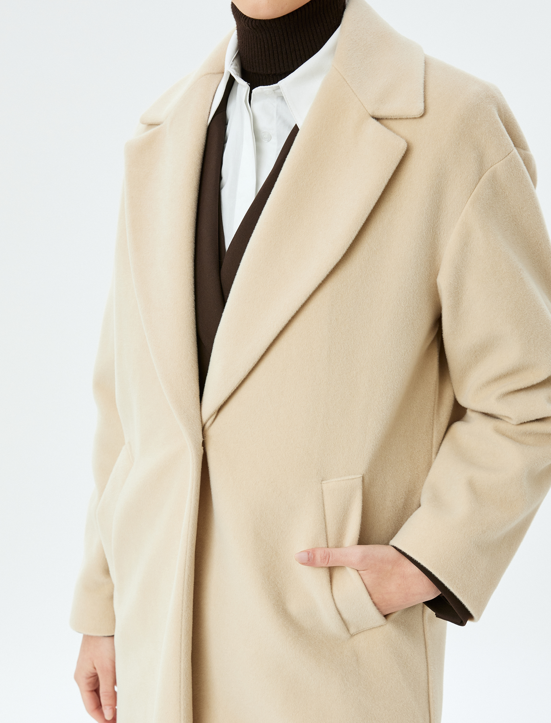 Düğmeli Kruvaze Uzun Kaşe Kaban