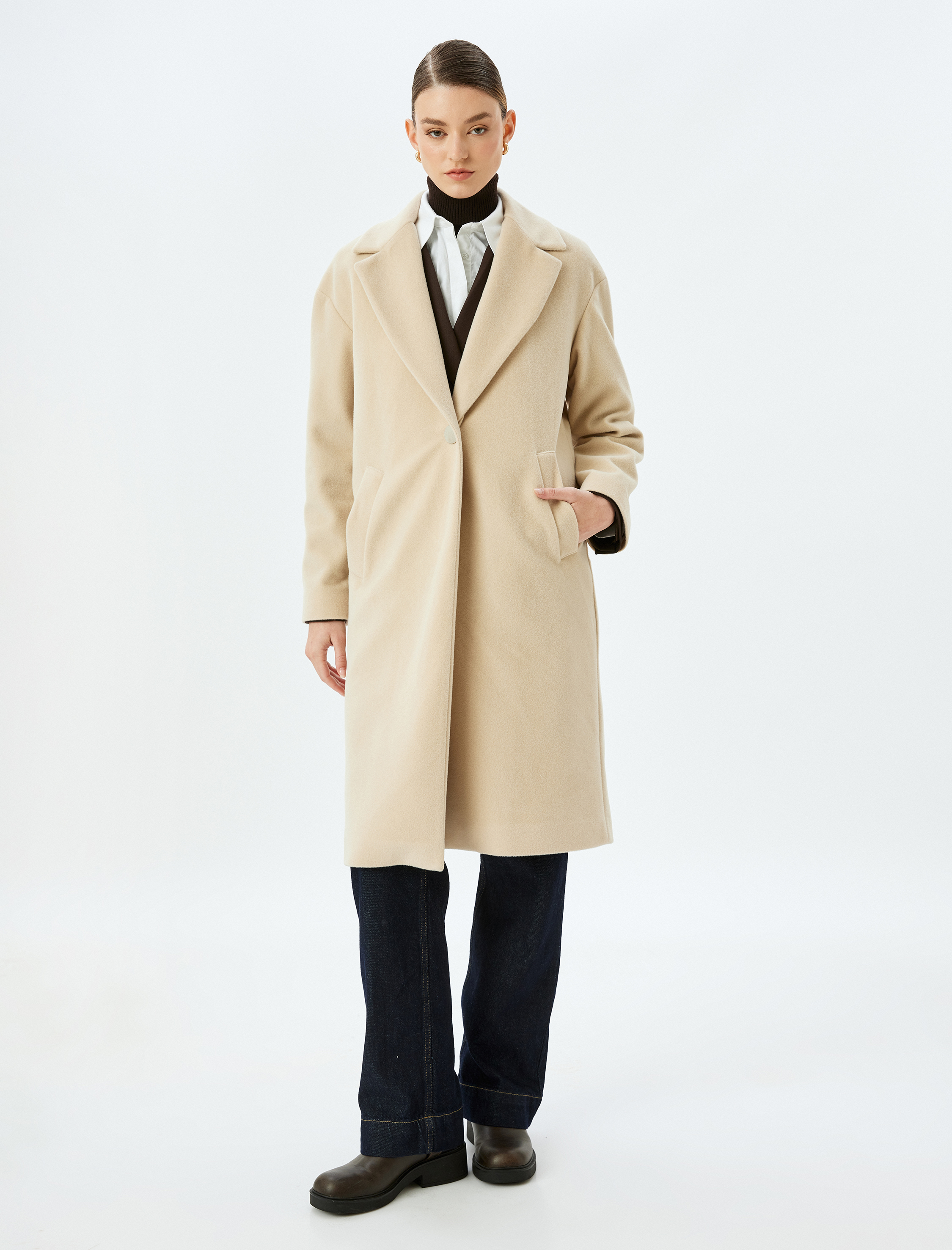 Düğmeli Kruvaze Uzun Kaşe Kaban