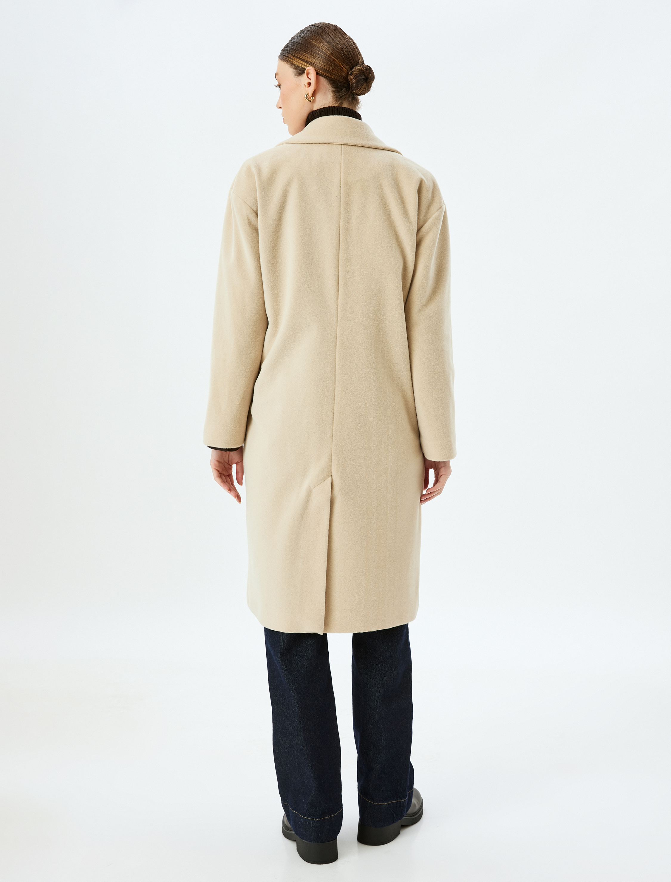 Düğmeli Kruvaze Uzun Kaşe Kaban