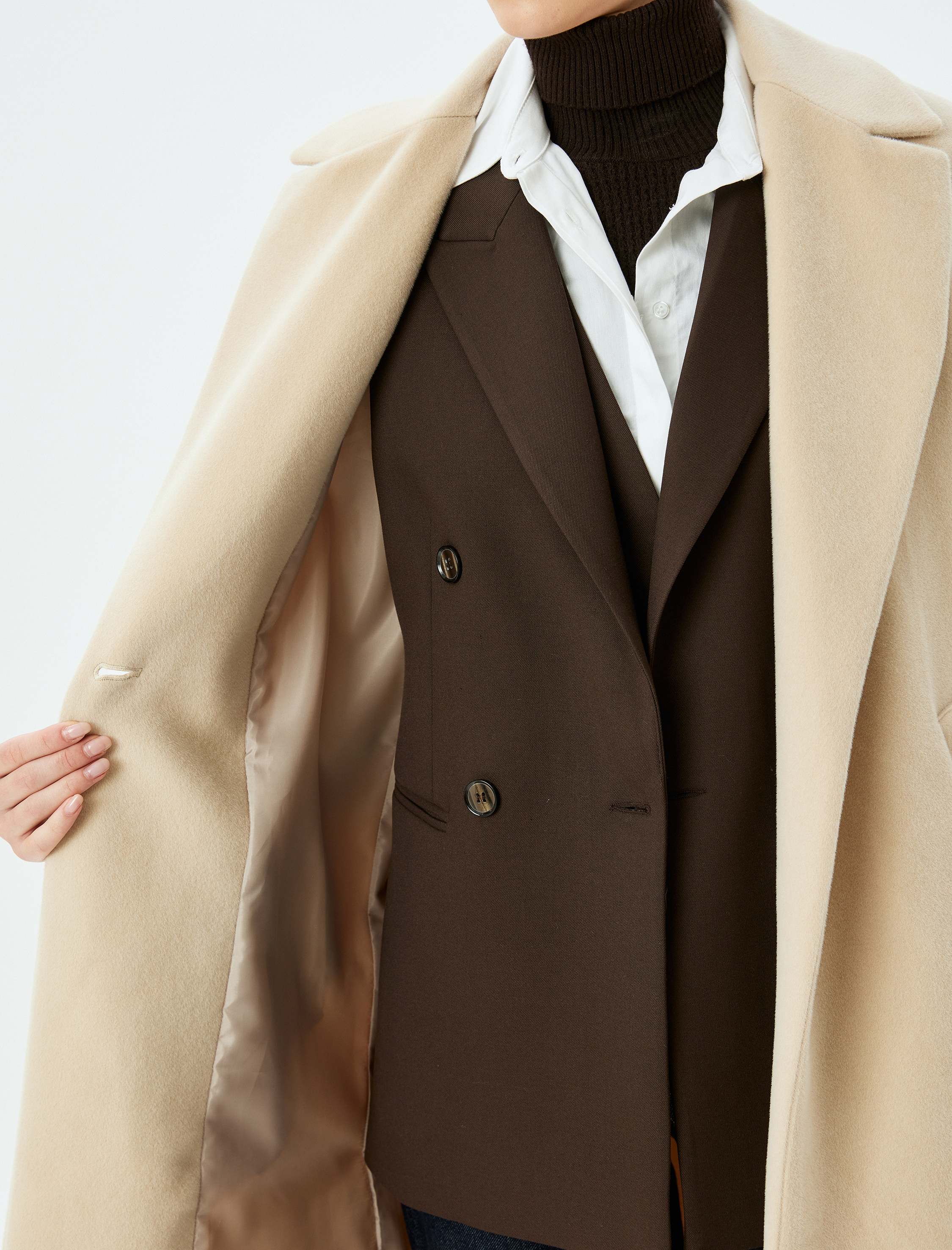 Düğmeli Kruvaze Uzun Kaşe Kaban