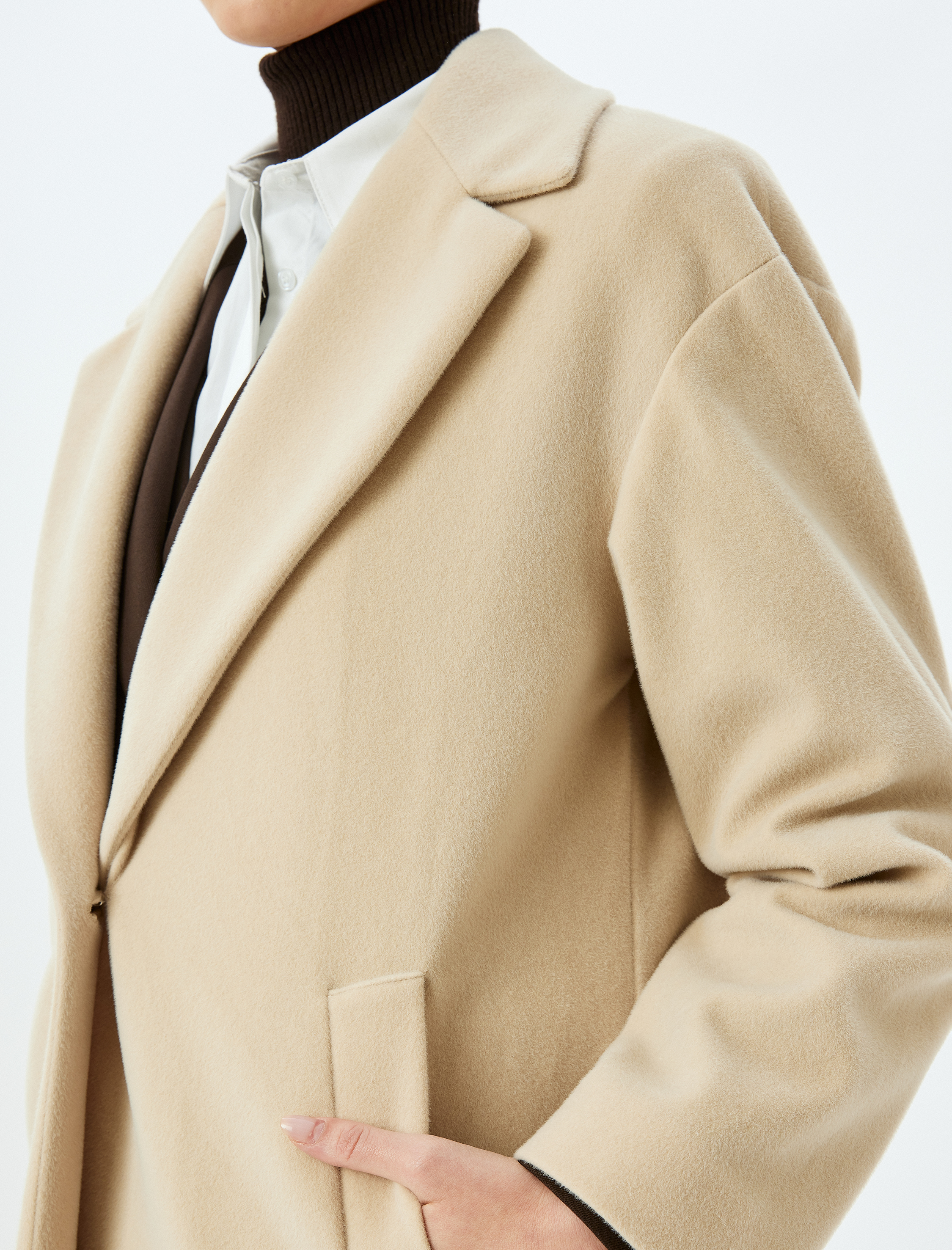 Düğmeli Kruvaze Uzun Kaşe Kaban