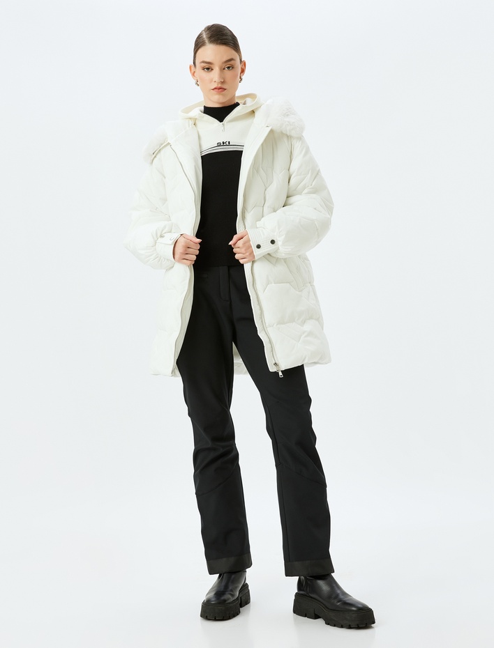  Cepli Fermuar Kapamalı Kapüşonlu Çıkarılabilir Suni Kürk Yaka Su İtici Kapitone Uzun Şişme Mont