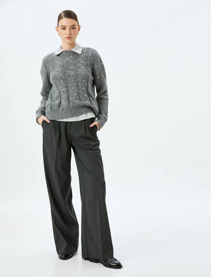  Uzun Kollu Bisiklet Yaka İnci İşleme Detaylı Saç Örgü Kazak