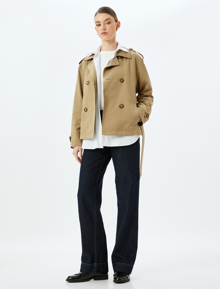  Cepli Düğmeli  Kemerli Kruvaze Oversize Kısa Trençkot