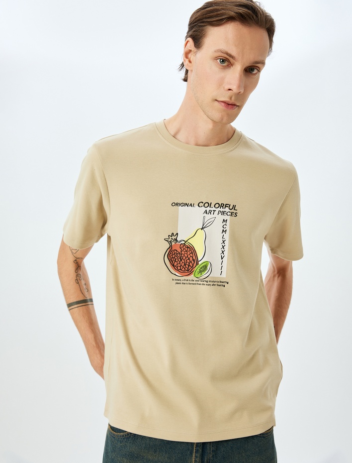  Bisiklet Yaka Pamuklu Regular Fit Tok Kumaş Kısa Kollu Baskılı Tişört