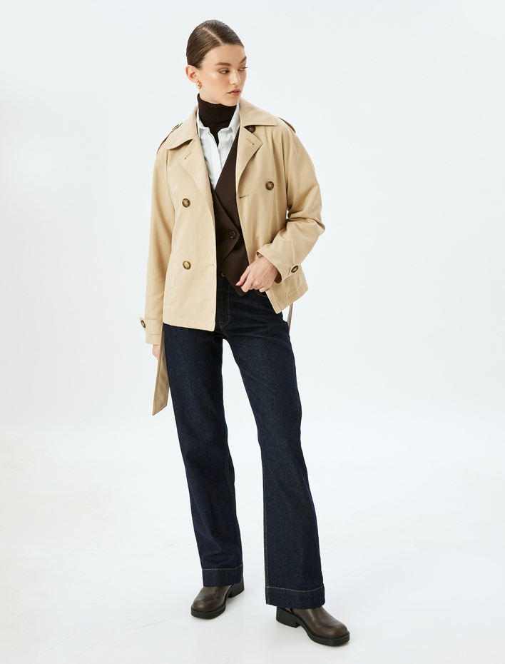  Cepli Düğmeli  Kemerli Kruvaze Oversize Kısa Trençkot