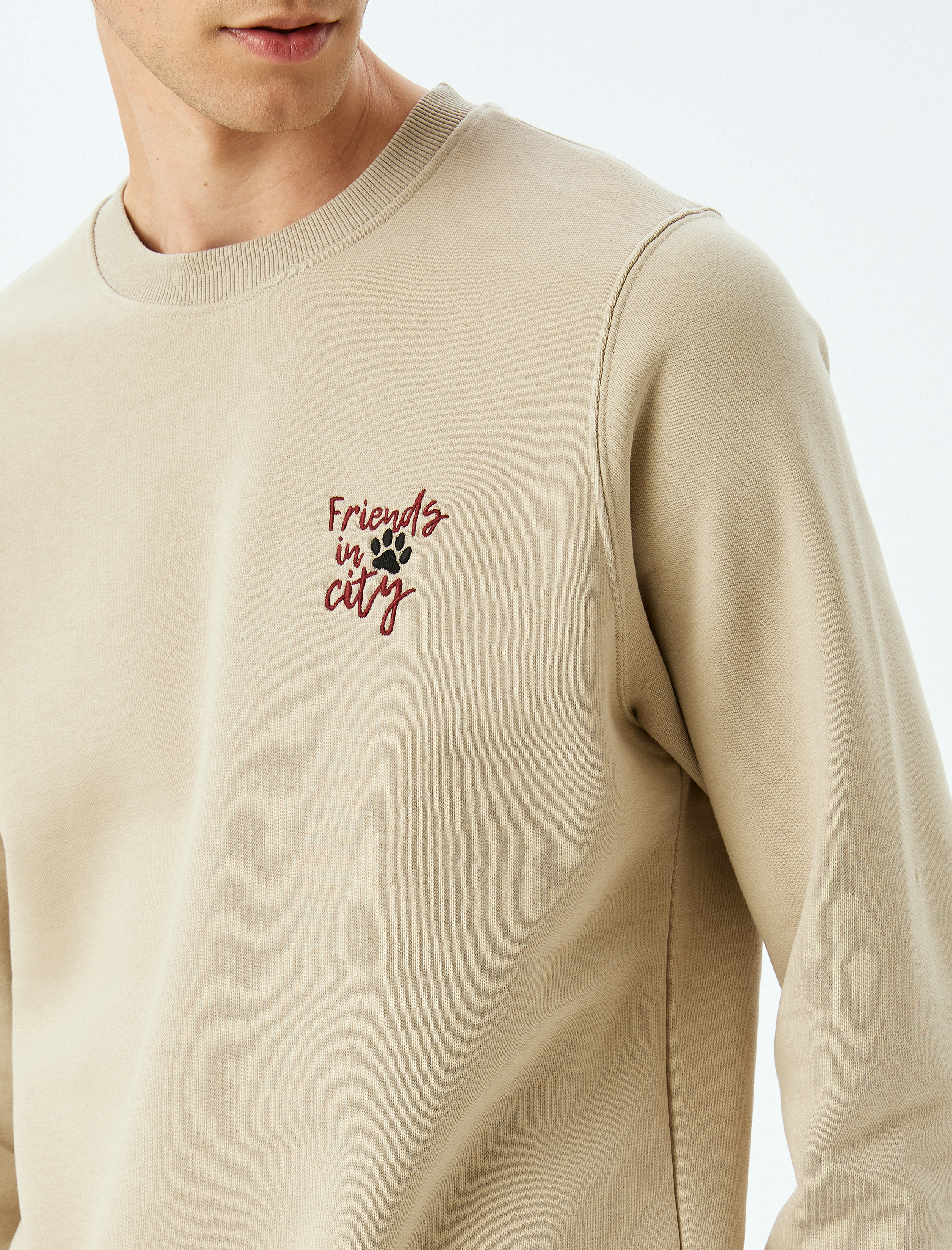 Bisiklet Yaka Şardonlu Pamuk Karışımlı Slogan İşlemeli Sweatshirt