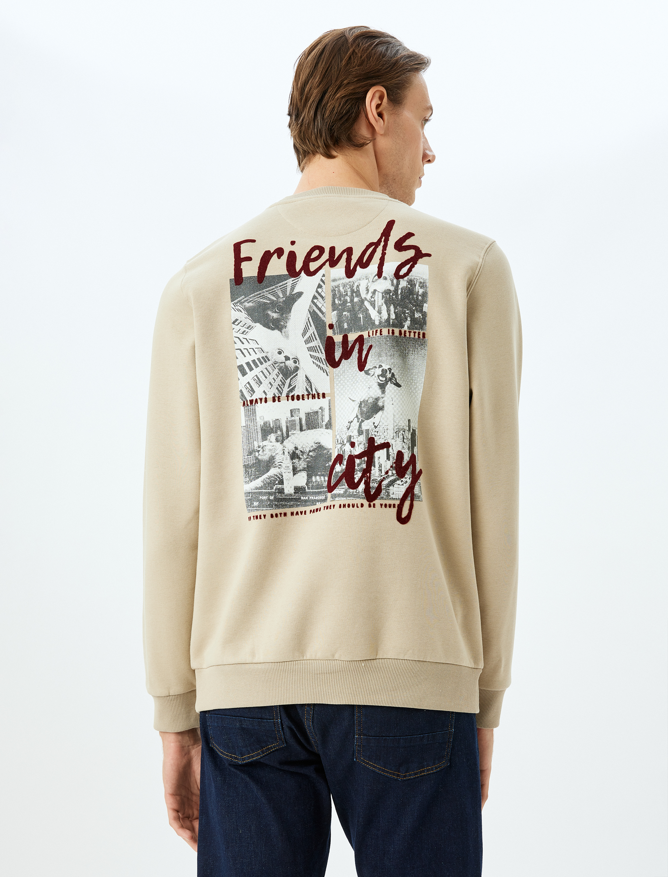 Bisiklet Yaka Şardonlu Pamuk Karışımlı Slogan İşlemeli Sweatshirt