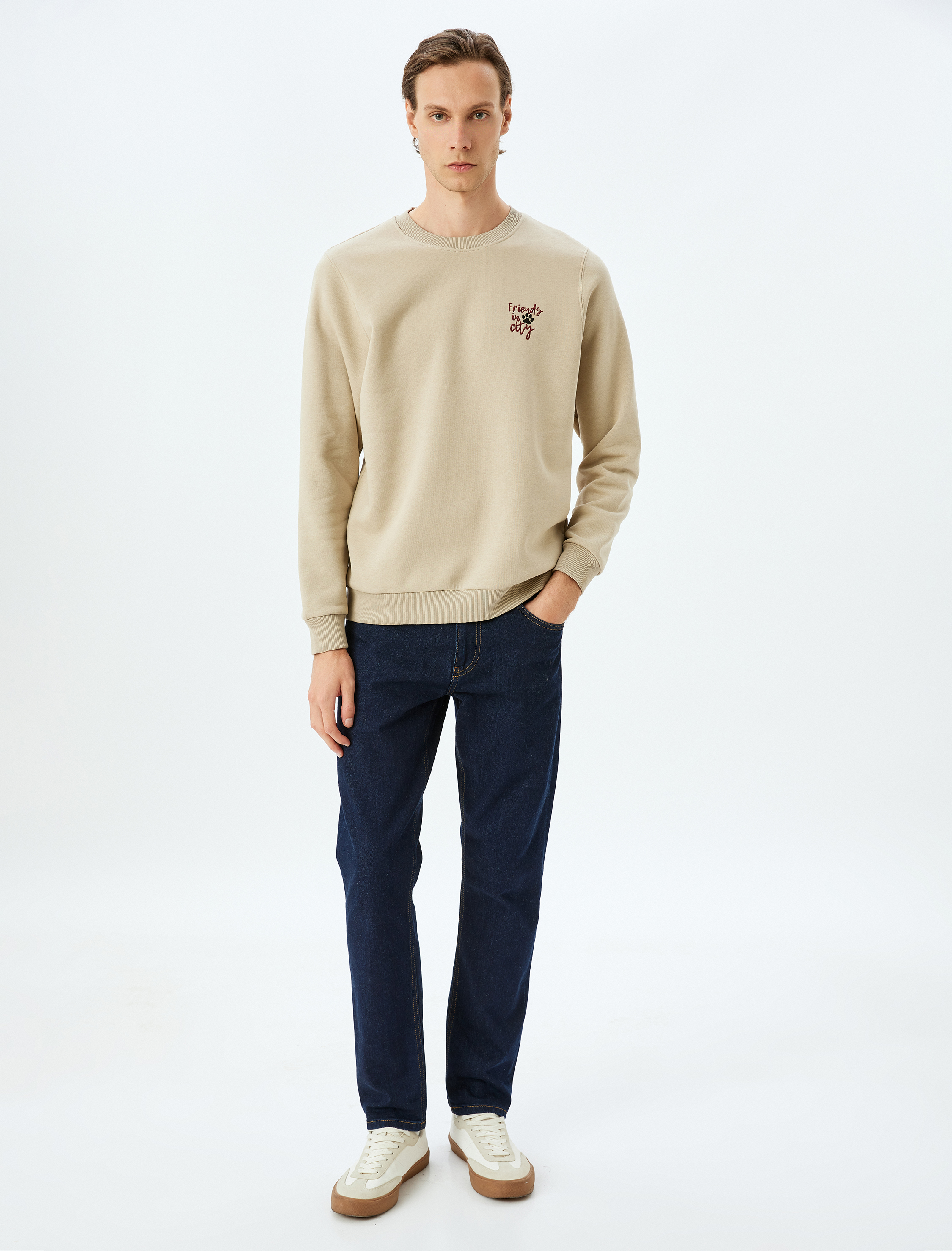 Bisiklet Yaka Şardonlu Pamuk Karışımlı Slogan İşlemeli Sweatshirt