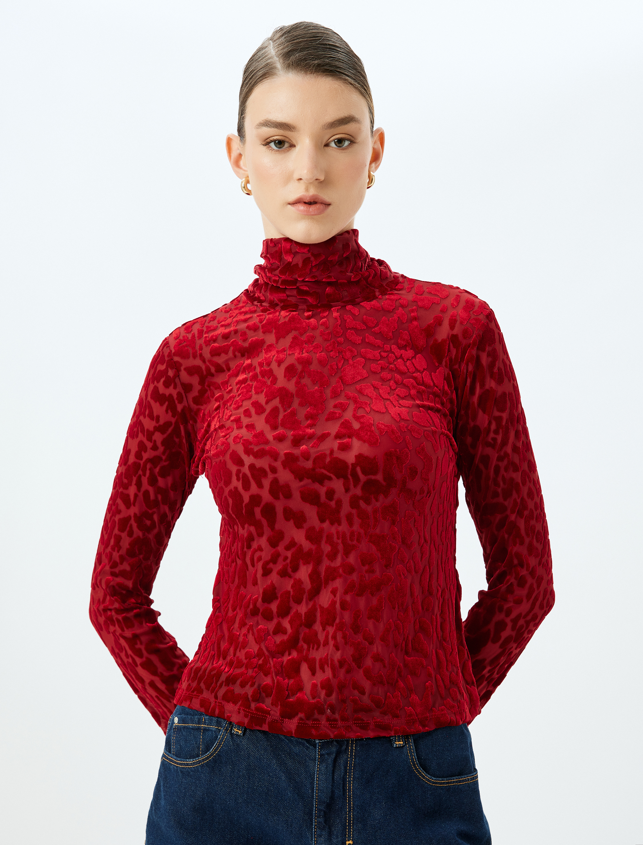   Leopar Desenli Yarı Transparan Kadife Body Dik Yaka Uzun Kollu Slim Fit