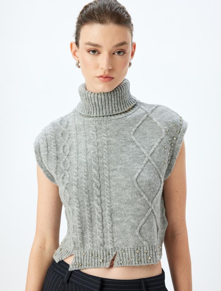  Yıpratılmış Detaylı Balıkçı Yaka Taşlı Saç Örgü Süveter