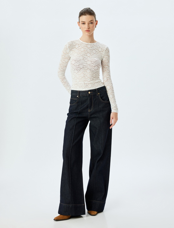  Slim Fit Bisiklet Yaka Uzun Kollu Yarı Transparan Dantel Bluz