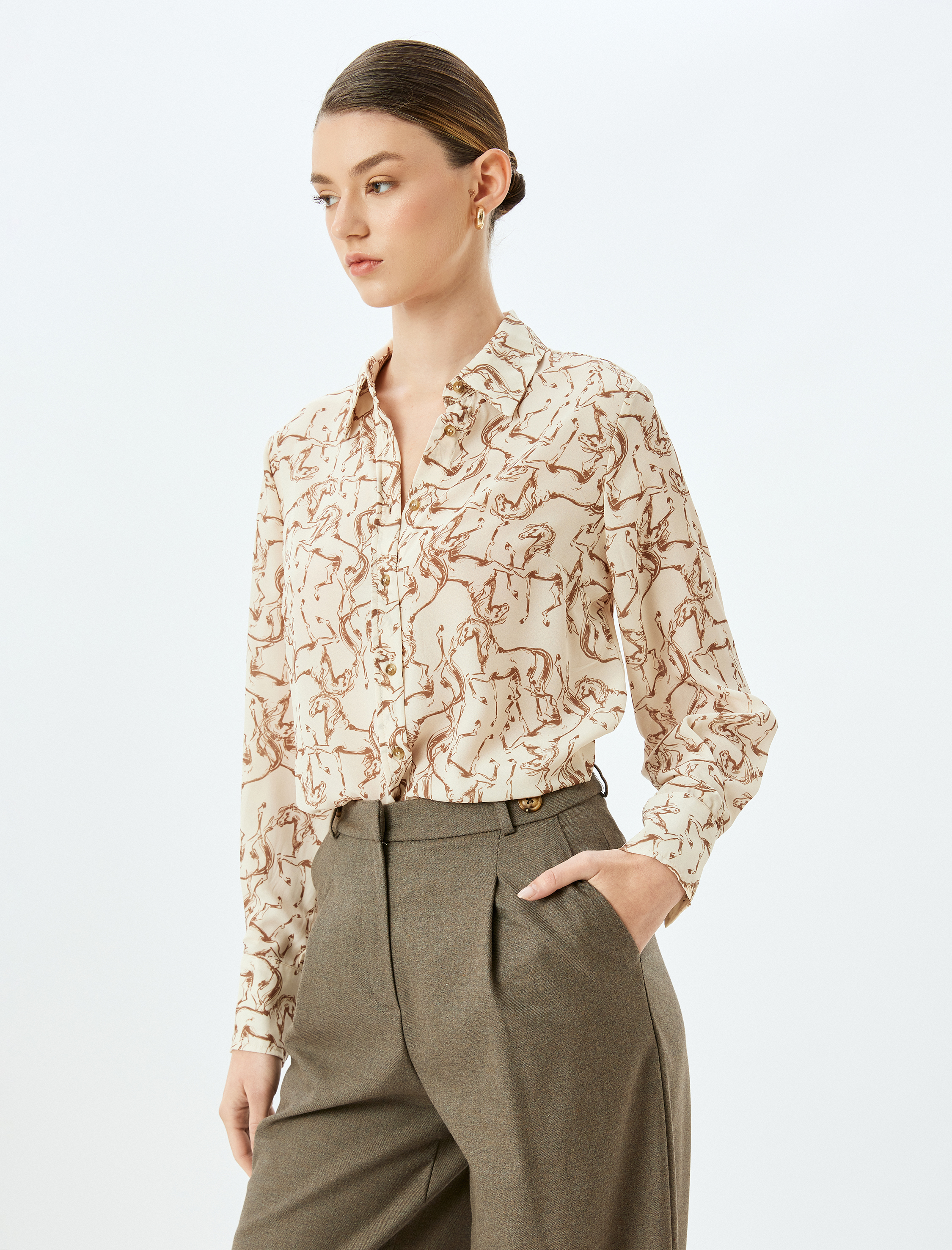   Soyut Desenli  Klasik Yaka Uzun Kollu Gömlek