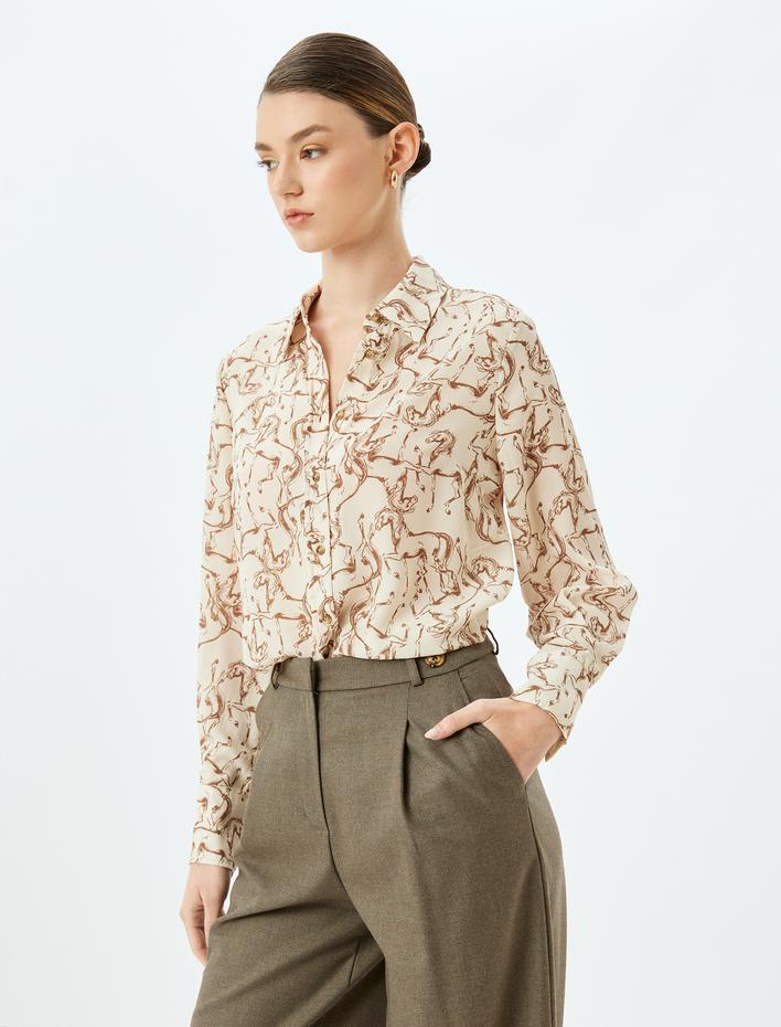  Soyut Desenli  Klasik Yaka Uzun Kollu Gömlek